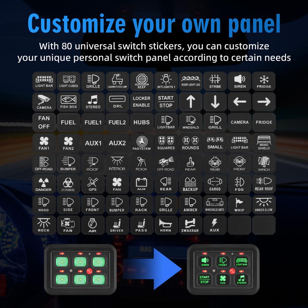 7 LED Backlights Switch Panel 12V-24V 6 Gang with 80 Switch Stickers On-Off Control Cars Auxiliary Electronic Devices Universal