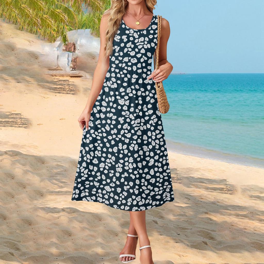 Ärmelloses Maxikleid mit Blumenprint für Damen, lässiger lockerer Schnitt, Sommer-Maxikleid mit Taschen, Rundhalsausschnitt