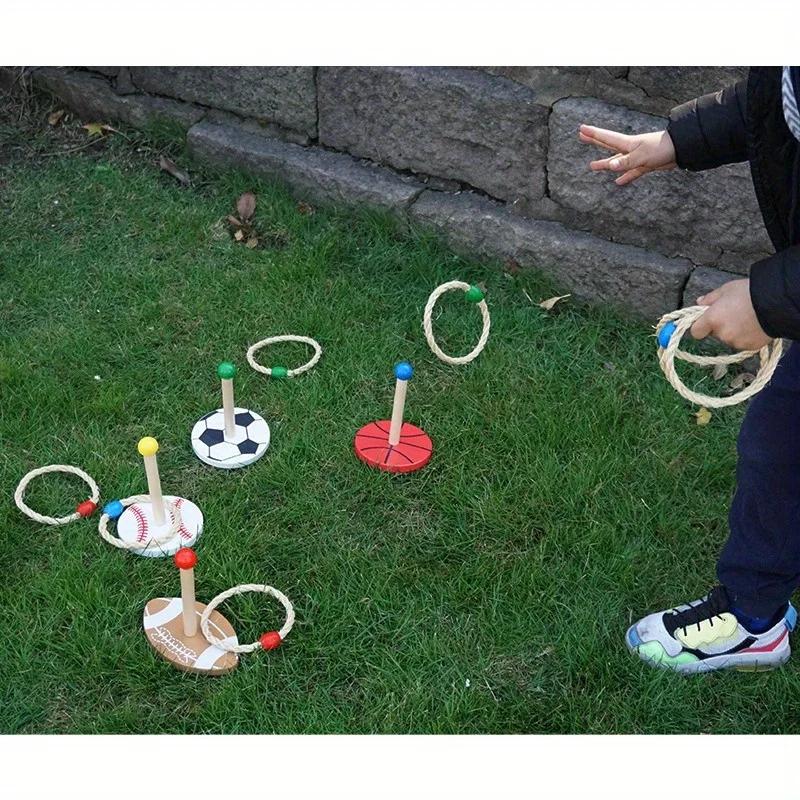 Outdoor Throw SportsThemed Rope Ring Toss Game with Wooden Stands Colorful Balls Ideal for Sensory Play Motor Skills Development
