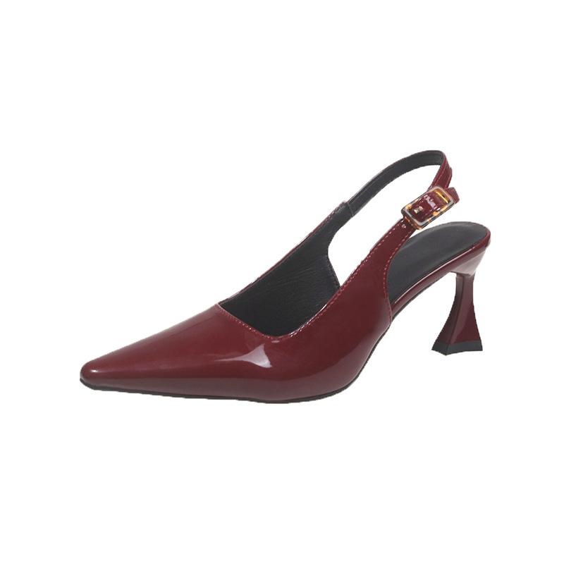 

Large size burgundy sexy bag head sandals women s rear strap patent leather versatile thin heel pointed high heels women 42 бордовый