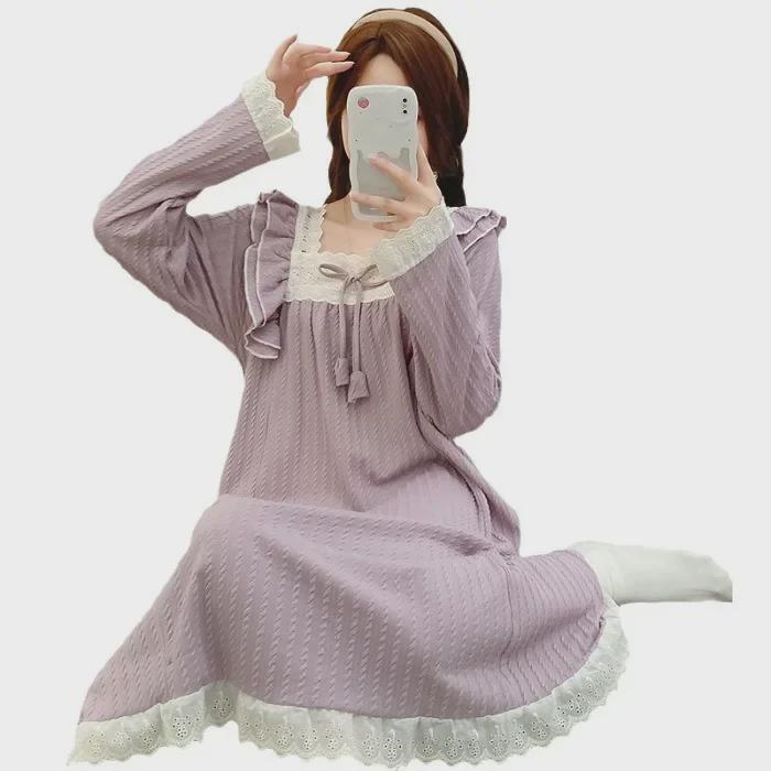 6535 Jacquard Cotton Pajamas - Women's Sweet Long-Sleeve Mid-Length Nightdress, Plus Size (Up To 220 Lbs) for Spring & Autumn