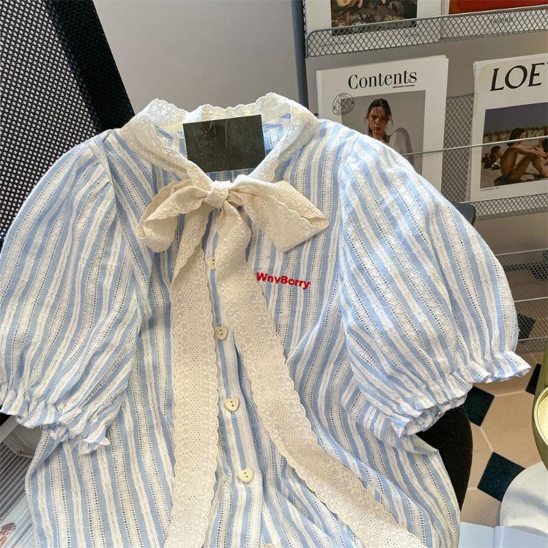 Französische Spitze Schleife Damen Gestreiftes Hemd Koreanisch Minimalistisch Puffärmel Dame Kurzarm Sommer Kontrastierendes Mode Oberteil