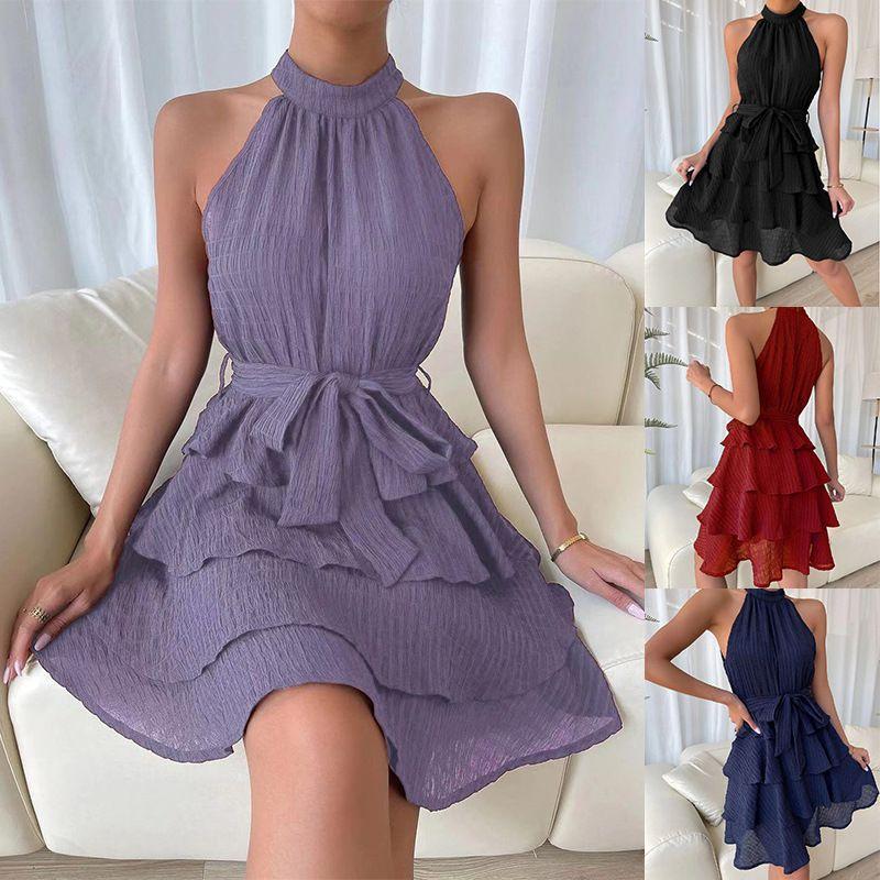 

2025 WOMEN S Patchwork Sleeveless Ruffle Edge Dress Light purple XL