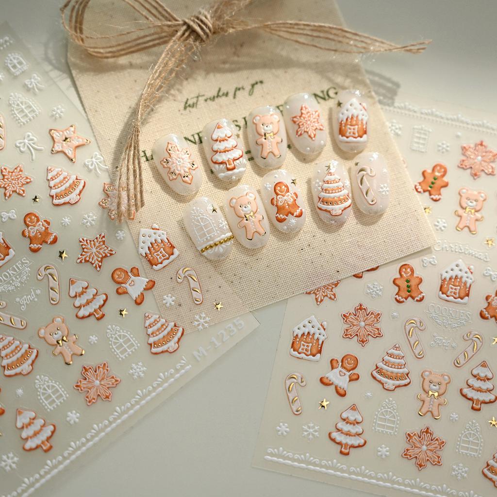 Christmas Cookies Snowflake Christmas Tree Gingerbread House Gold Stamped 3D Self Adhesive Nail Art Sticker Xmas Manicure Decals