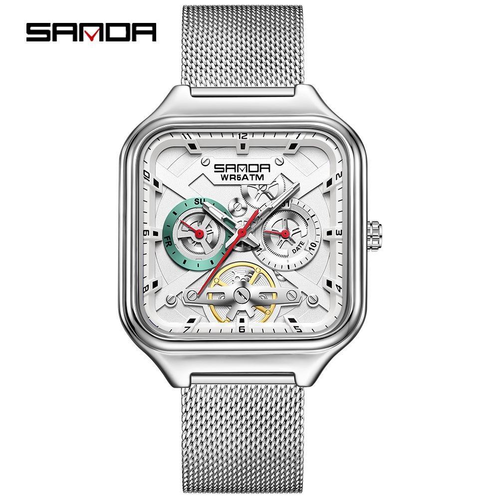 Luxury Men's Quartz Watch Fashion Square Case Week Date Display Waterproof with Silicone/Mesh Band Casual Wristwatch for Men