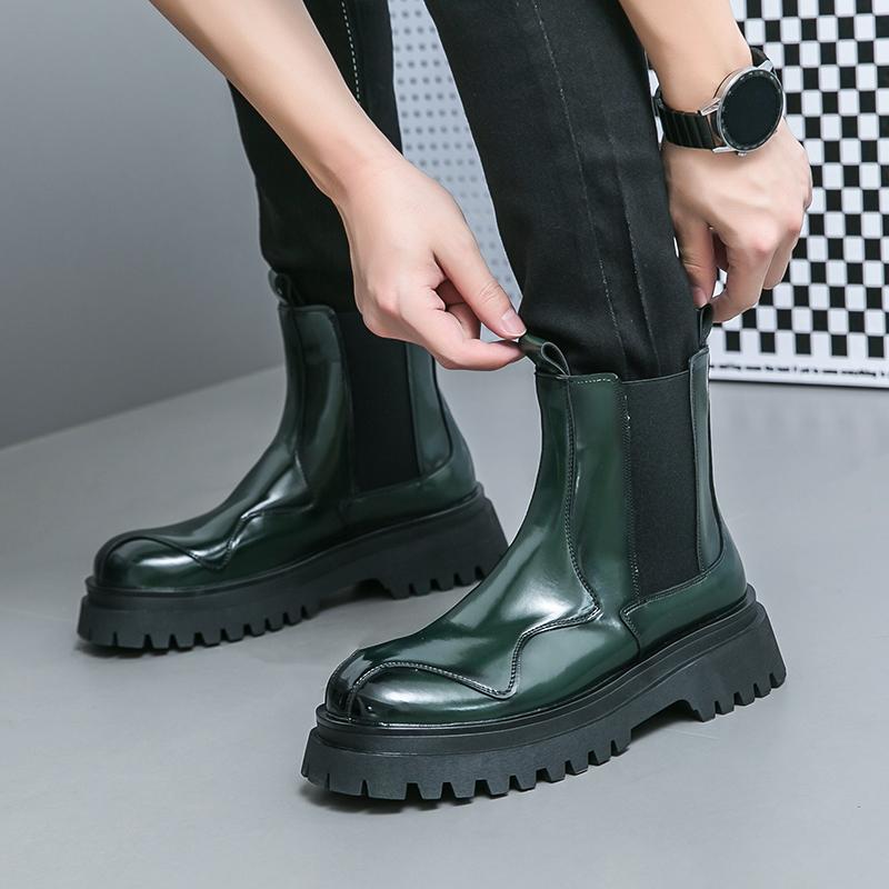Men’s Chelsea Thick Sole Platform Punk Green Leather Boots Elevator Street Style Big Head Motorcycle Boots High Boots Plus Size