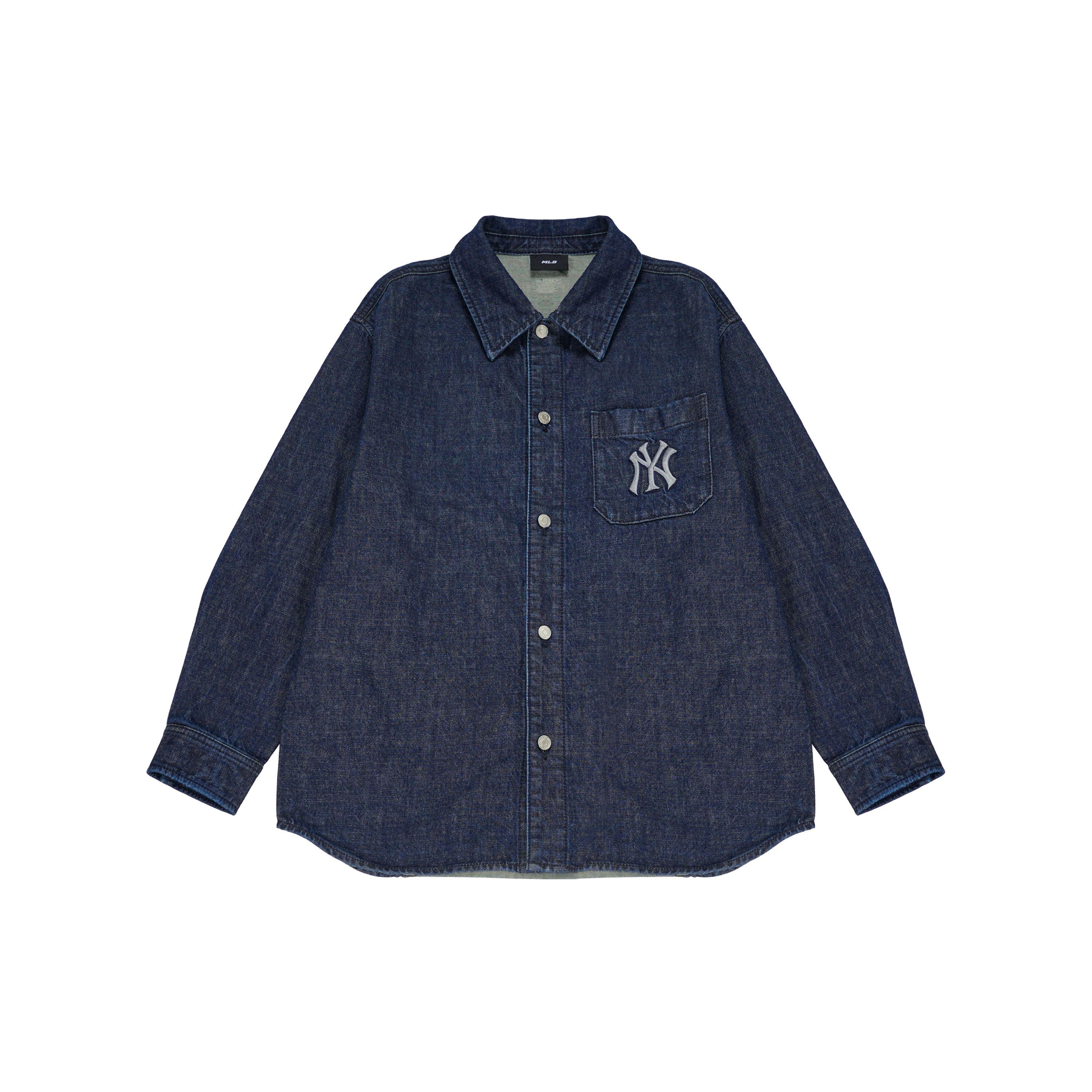 MLB New York Yankees Rückseitenlogo Denim Bequemes lässiges Langarmshirt Unisex-Hemden Tiefes Marineblau 3ADRU0124-50NYD S black