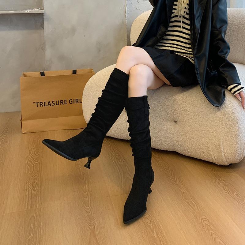 -6 high heels fat mm stacking boots suede pointed boots thick legs big tube circumference wide fat feet large size women's shoes