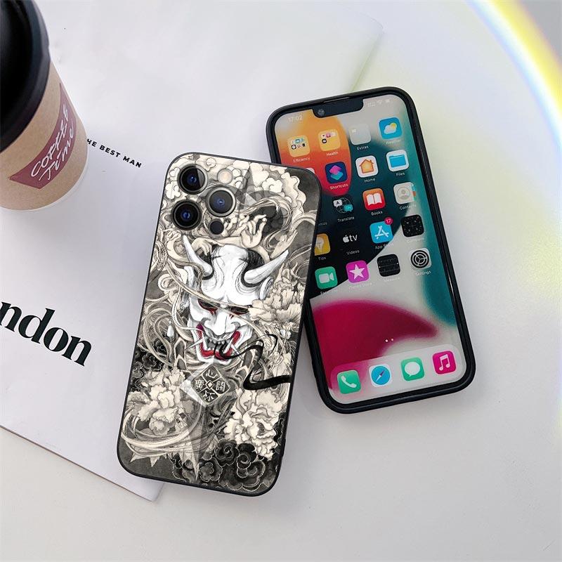 Samurai Hannya Mask Tattoo Phone Case for iPhone 11 15 Pro Max Case Coque 14 Plus 13 Pro 12 11 X S XR 7 8 SE 2020 TPU Soft Cover