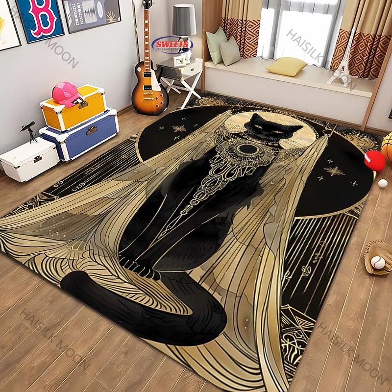 Black Gold Sacrificial Black Cat Carpet Rug for Living Room Bedroom Children's Room Kids Play Non-slip Mat Machine Washable Gift