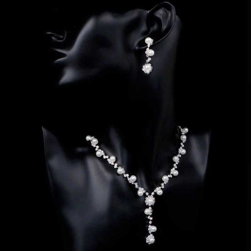 Bridal Accessories, Alloy Elegant Pearl Necklace, Earrings, Jewelry Set, Full Diamond Dress Accessories for Women
