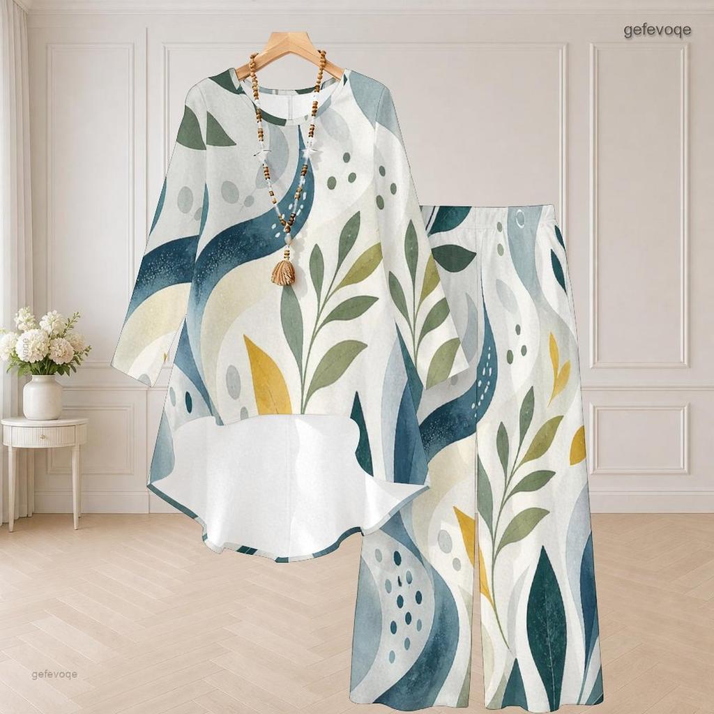 Women Plus Size Round Neck Long Sleeve Printed High Low Top Wide Leg Pants Two Piece Set