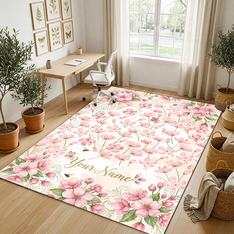 Cherry Blossom Theme Soft Crystal Velvet Rug Custom Name & Text Print Non Slip Floor Rug for Bedroom Living Room