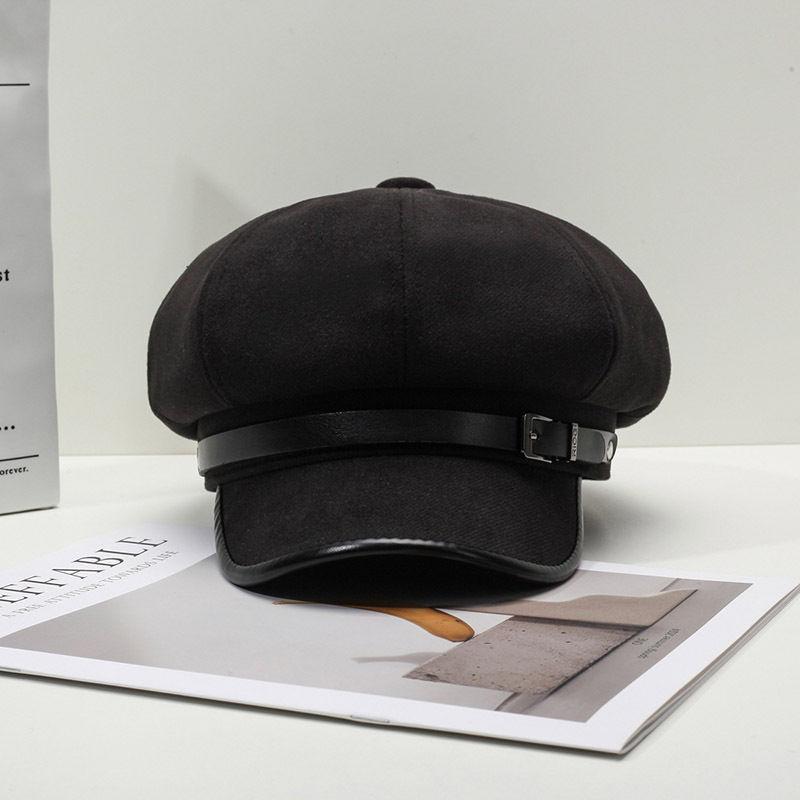 Retro Versatile Belt Buckle Beret FallSeason and ColdSeason Outside Cold Proof Octagonal Hat British Style Warm Painter Hat Korean