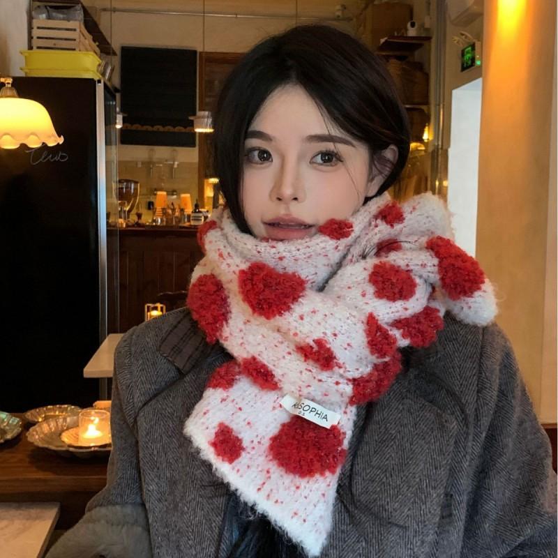 Korean Style Contrast Polka Dot Knit Scarf Winter Warm Neck Wrap Students Casual Chic Accessory