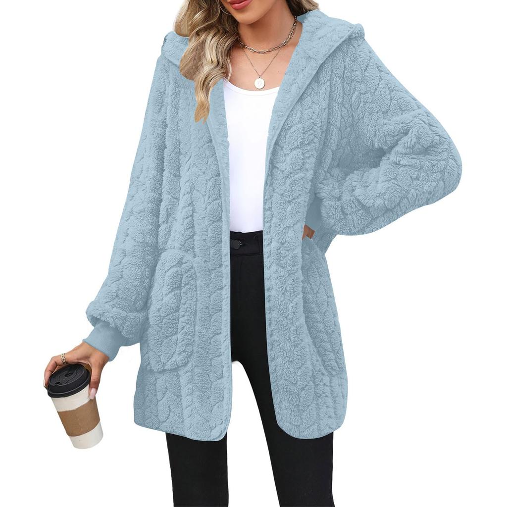 Women's Fashionable Coat Solid Color Long Sleeved Pocket Loose Hooded Plush  Jacket
