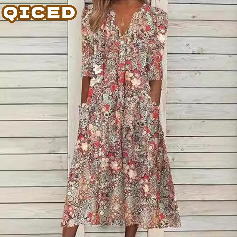QICED Robes décontractées à manches courtes et col en v pour femmes, mode été printemps