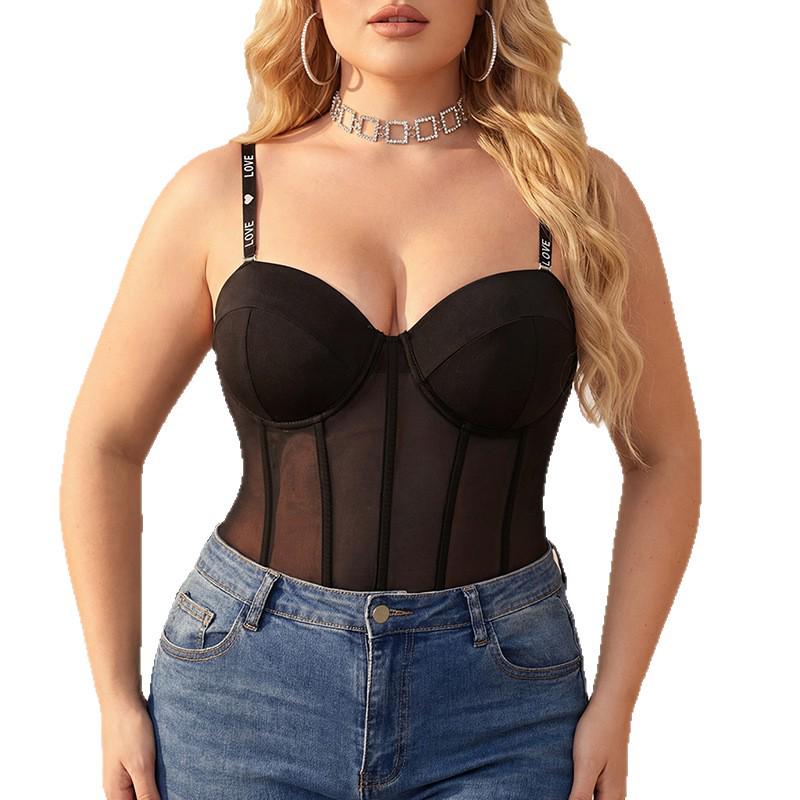 Plus Size Mesh Body Shaper Bodysuit with Cups & Fishbone Waist Cincher - Adjustable Straps, European American Style.
