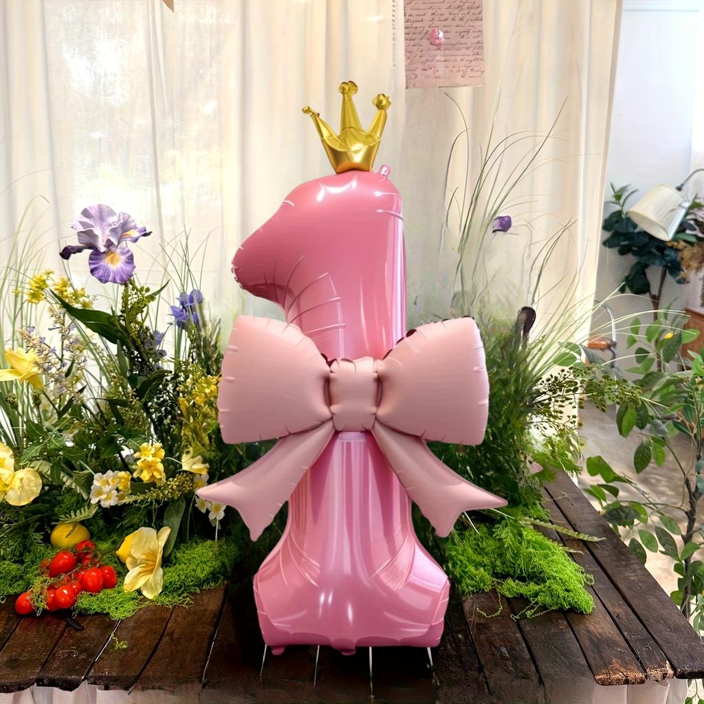 Pink Crown-Shaped Number Balloons And Pink Bow-Shaped Foil Balloons, for Decorating Birthday Parties, Anniversaries Celebrations