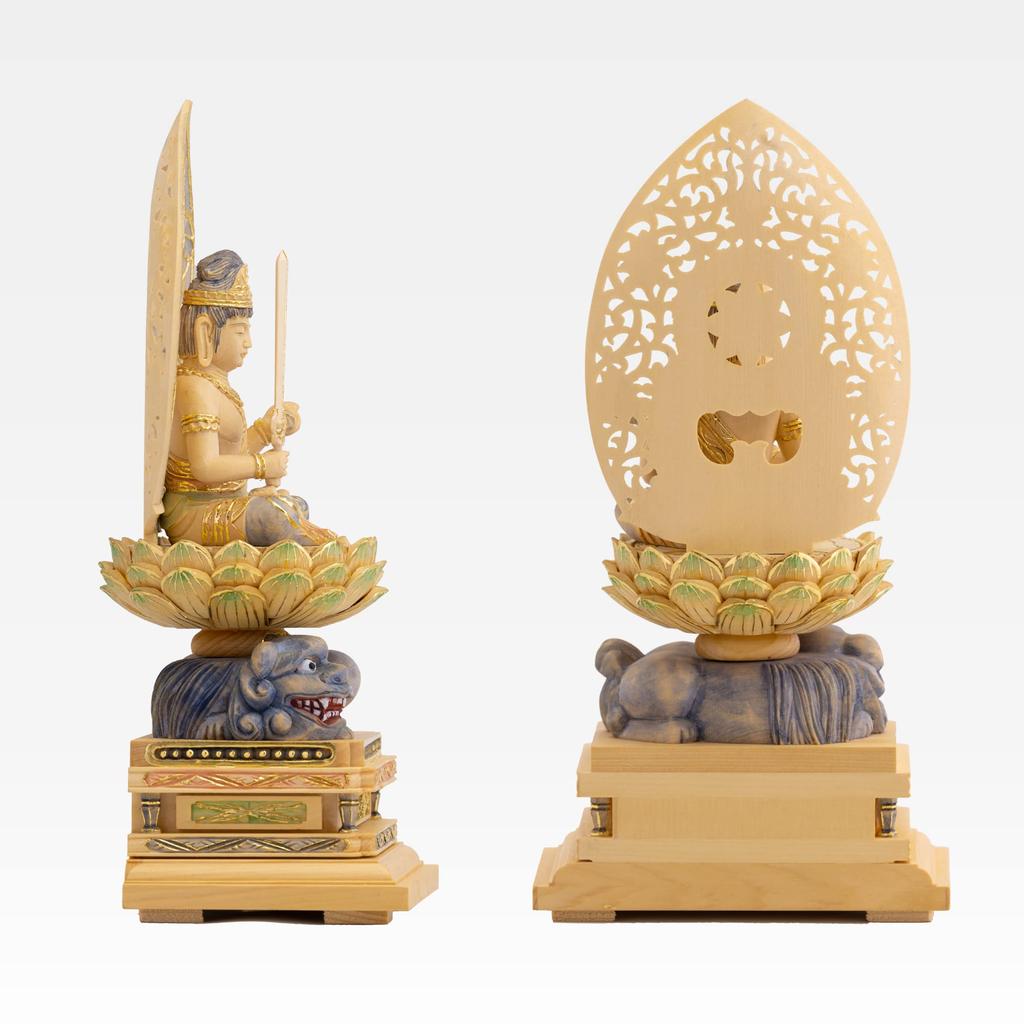 Sitzender Manjusri Bodhisattva Holz Zypressenholz mit leichtem Gold Schutzgottheit der Chinesen für diejenigen, die im Jahr des Hasen geboren sind Bosatsu Statue,