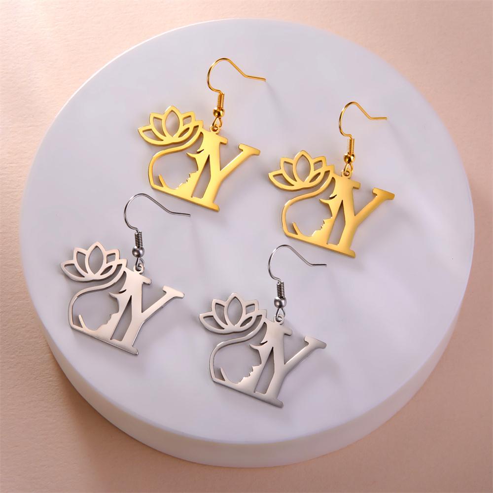 My Shape Beauty Flower Letter Drop Earrings for Women A-Z Alphabet Initials Lotus Stainless Steel Fashion Jewelry Kids Female