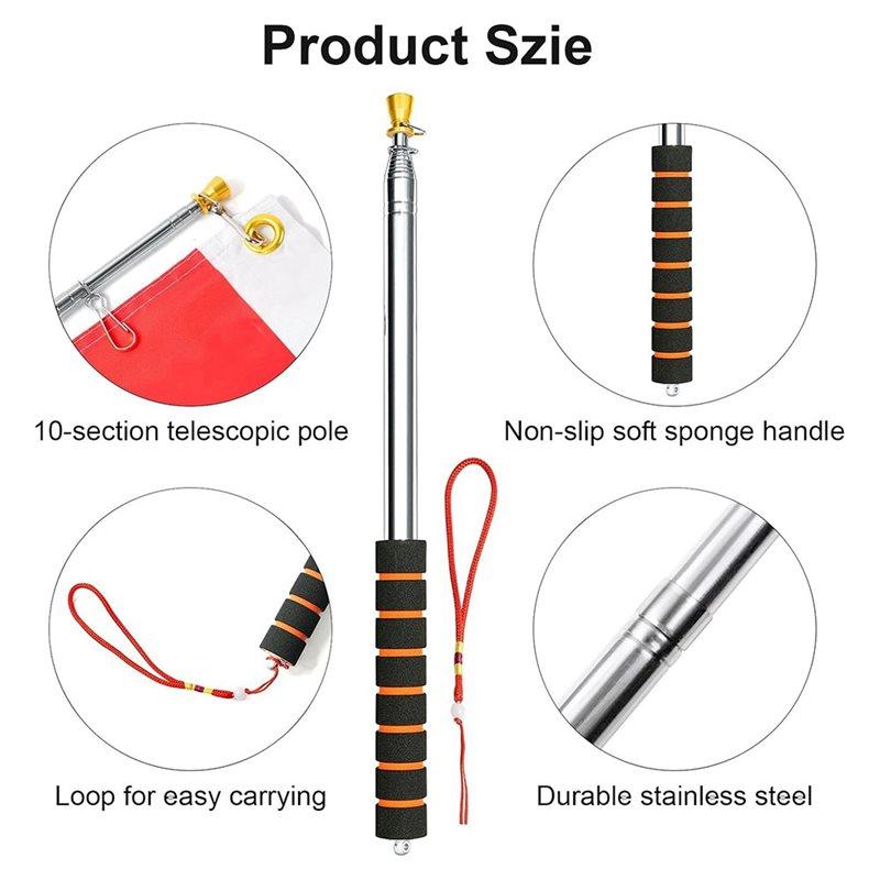 ABBP-Telescopic 3 Meter Flag Pole, Handheld Retractable Flagstick Featuring 4 Clips, Anti-Slip Handle For Camping Guide Events