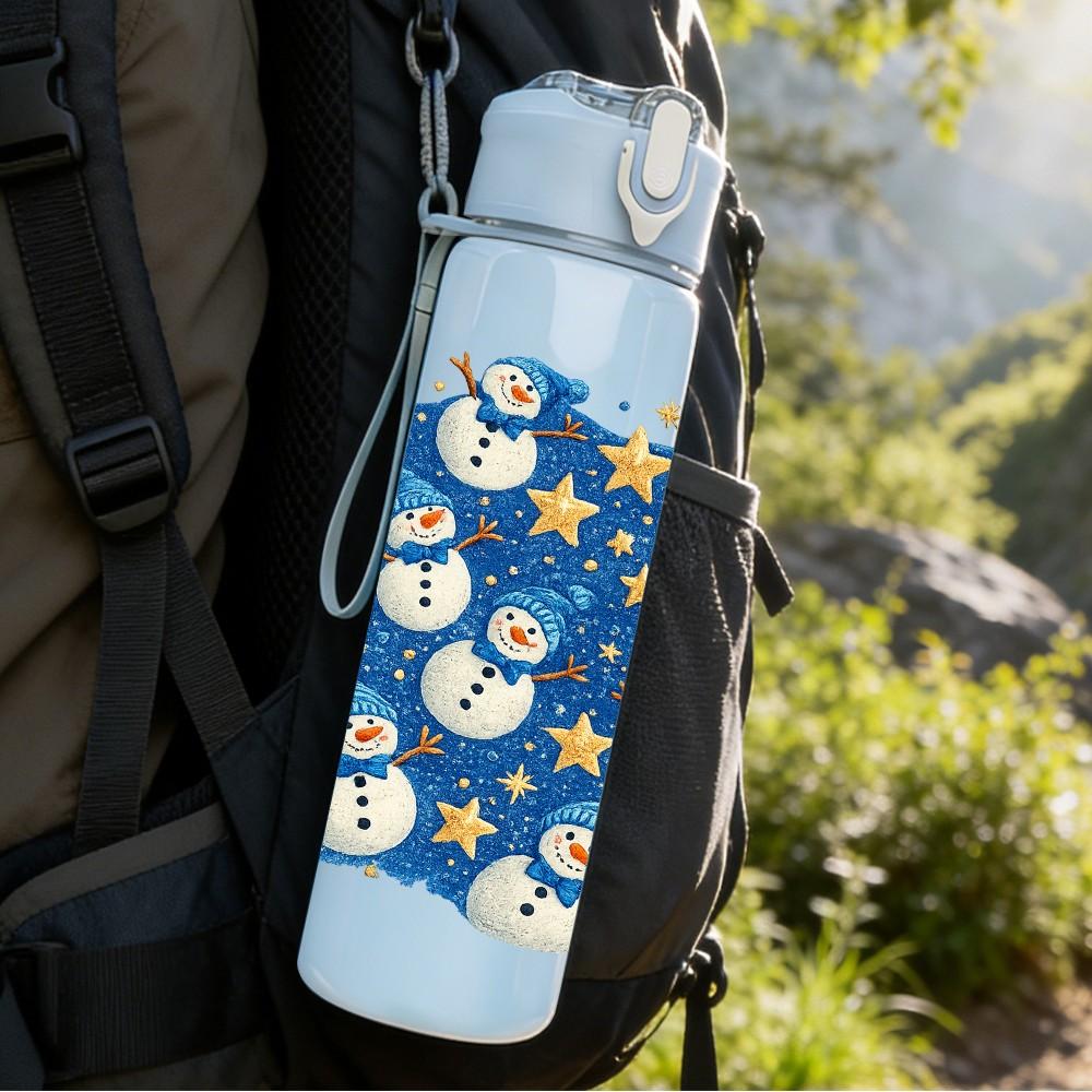 1PC Blue Base White Snowman Repeat Print 750ml Color Plastic Sports Water Bottle Leakproof Flip Straw Lid Suitable for Sports Office Home Use