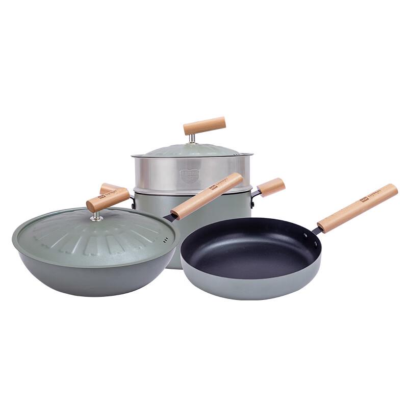 LUVHOO Borei 4-Piece Cookware Set with Wok, Soup Pot, Frying Pan, and Steamer
