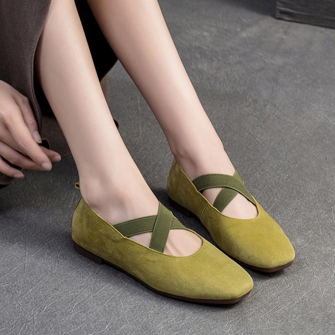 Johnature Cross Strap Square Toe Solid Color Flat Casual Comfortable Soft Sole Women's Slip-on Shoes