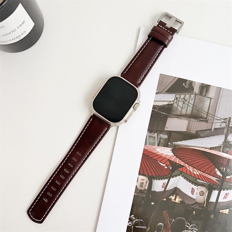 2024 Apple Watch Leather Strap - Compatible with iWatch Series 98, Fashionable Wide Genuine Leather