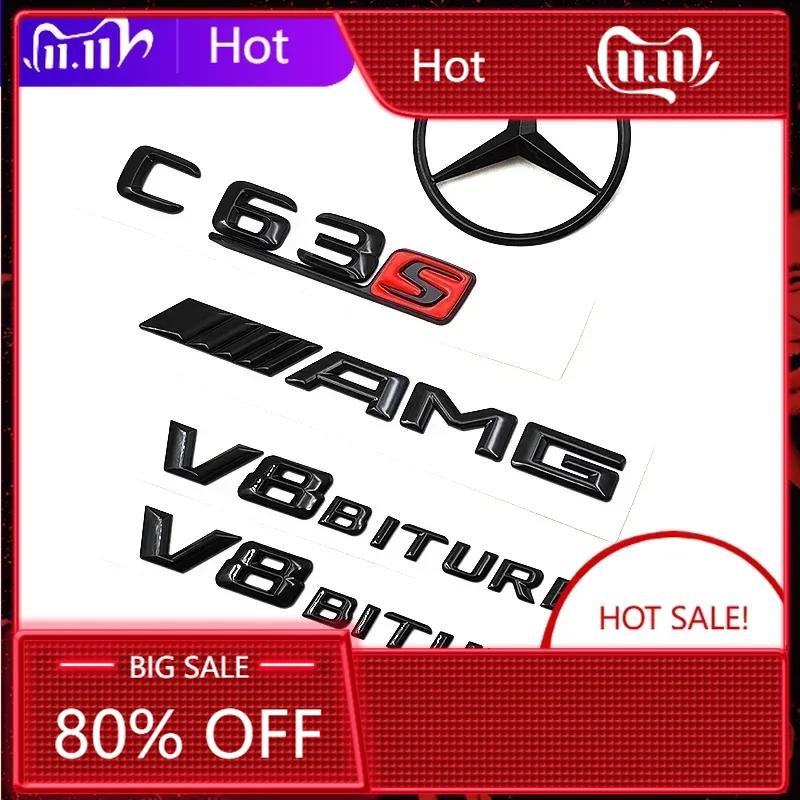 XHXII1 For Mercedes Benz 3D Black C63S Logo Letters V8 BITURBO Badge Car Rear Star Sticker Trunk AMG Emblem For Mercedes Benz AMG W205