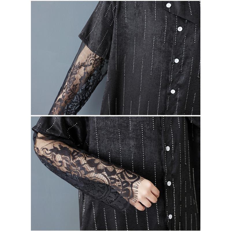 Dimanaf Plus Size Loose Dress Blouse Women 2025 Lace Stripe New Summer Style Black Shirt Dress