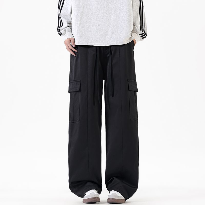 Solid color simple trendy brand splicing tooling casual pants men's trendy loose wide-leg straight elastic waist long pants men