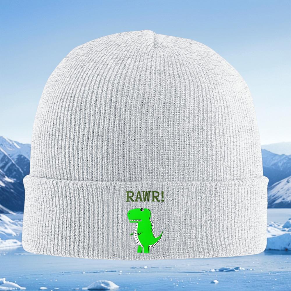 Green dinosaur says 'RAWr'! Cute cartoon Men Women Unisex Knitted Hat Beanie Pullover Cap Winter Thermal Warm Christmas Outdoor