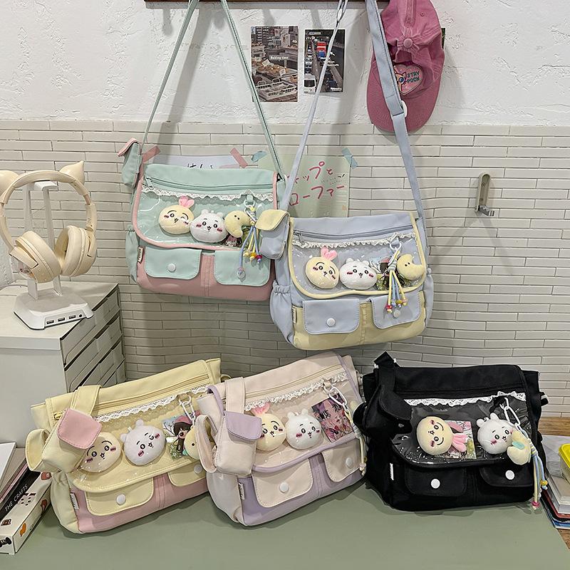 Japanese color-blocking crossbody bag women's new collegiate style versatile tote bag junior high school students shoulder bag trend in class