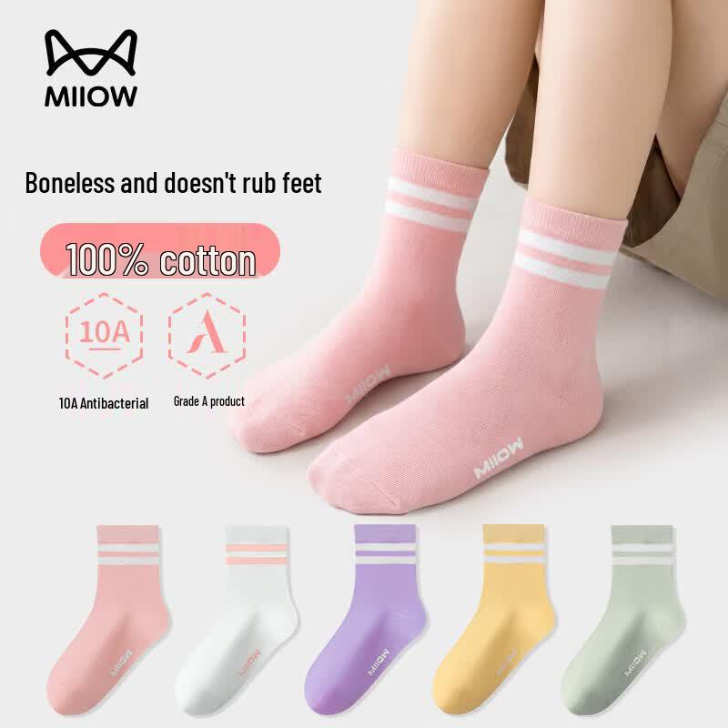 MaoRen Girls Striped Cotton Antibacterial Socks M