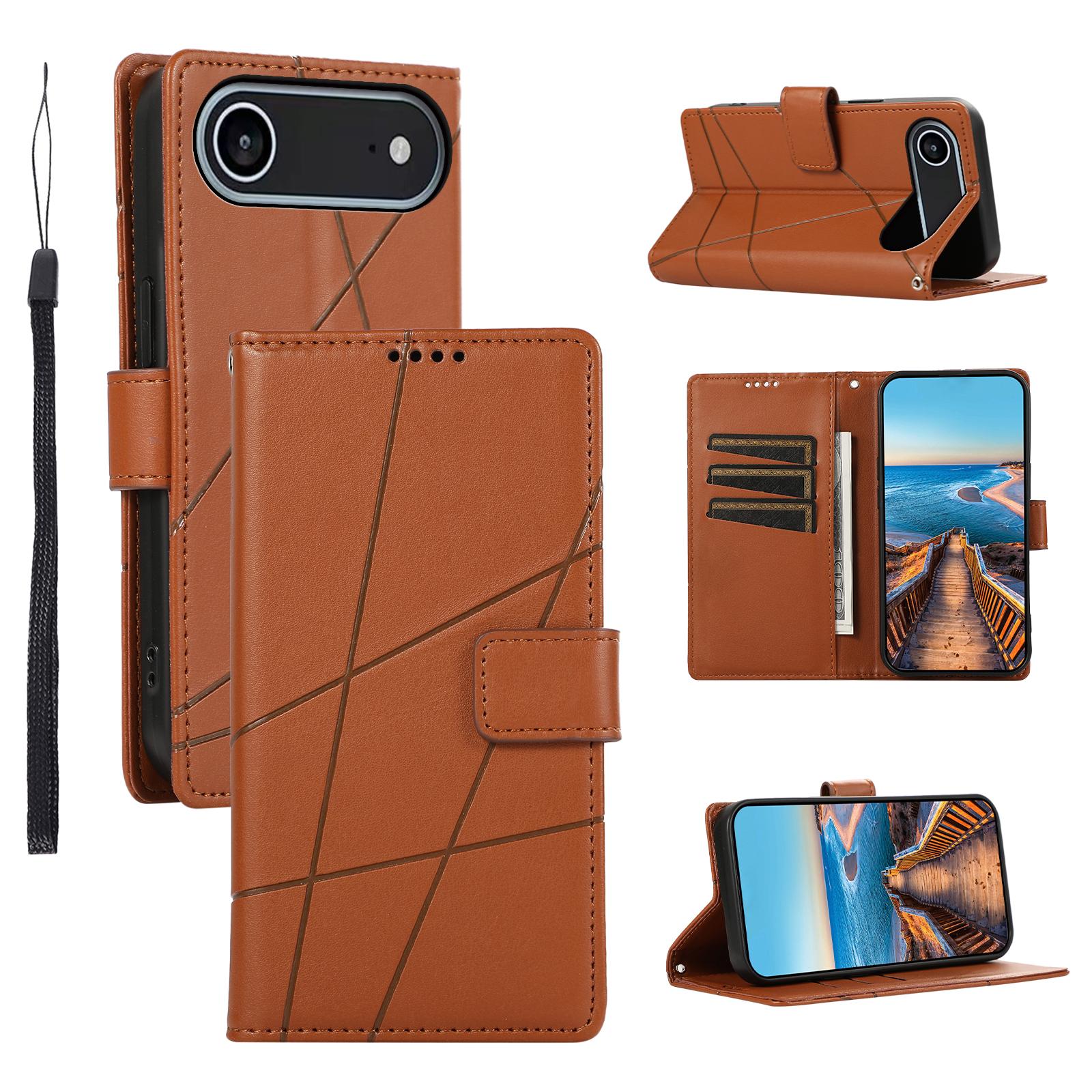 

For iPhone Air Phone Case Line Imprint Leather Wallet Cover with Wrist Strap E