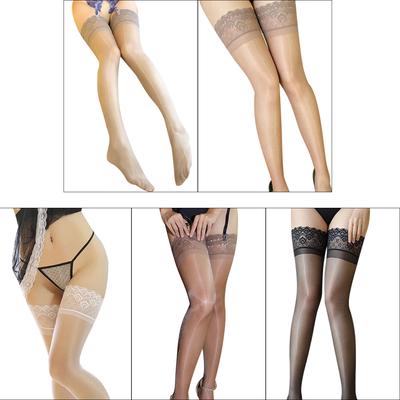 Women Socks Skin Color Sexy Nylon Elastic Glossy Broad-Brimmed Lace Thigh-High Stockings