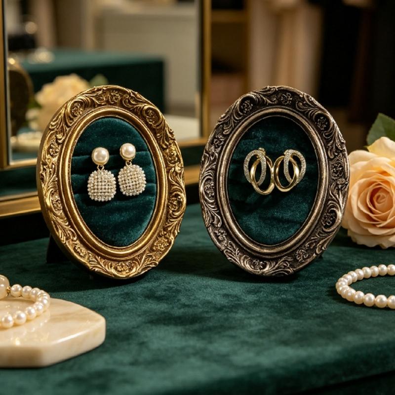 Ring Display Tray with Multiple Horizontal Slots, Ornate Oval Scrollwork Frame and Flat Base for Tabletop Presentation