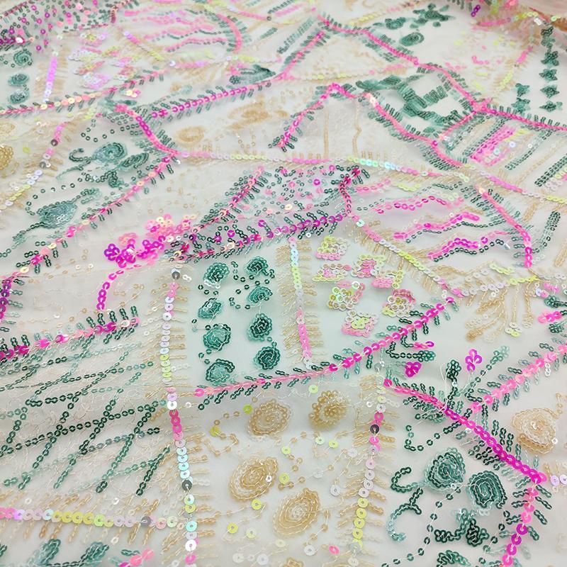 

1 Yard Gorgeous Soft Yarn Colorful Sequins Geometric Embroidery Mesh Lace Fabric For Dress Clothing Cheongsam Designer Fabric 1Yard
