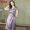 Hengyuanxiang Elegant Slim Fit V-Neck Short Sleeve Silk Dress