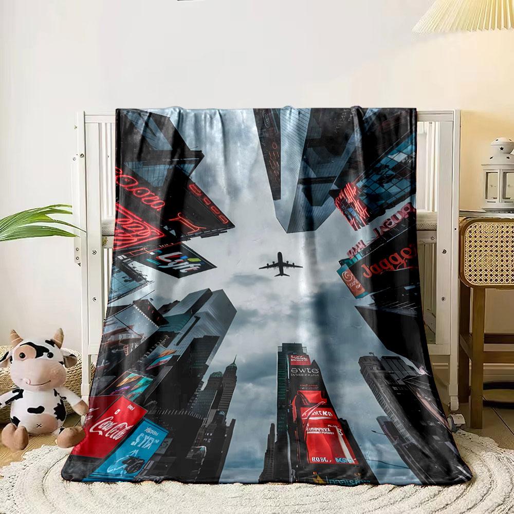 

Symmetrical view of skyscrapers and neon signs framing a flying airplane. for all seasons blanket lunch break throw gift 80cm x 120cm