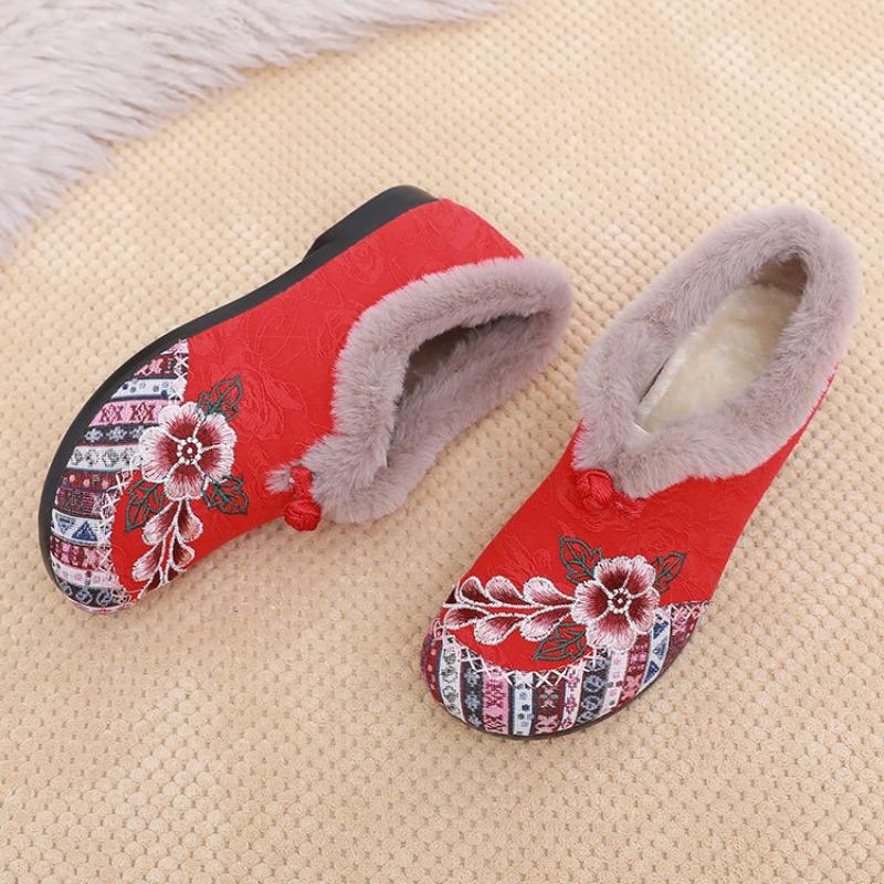 Fashion Women Short Plush Warm Winter Cotton Shoe Ethnic Embroidered Round Toe Flat Heeled Loafers Comfort Non-Skid Retro Mom Shoes