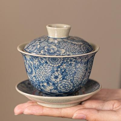 Kiln Tea Set Blue and White Porcelain Cover Bowl Retro Tea Bowl Anti-scalding Hand-made Tea Flower Sancai Cover Bowl