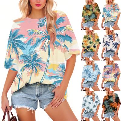 Damska Moda Casual Kwiatowy Luźny Okrągły Dekolt Krótki Rękaw Modny Świąteczny T-shirt Top