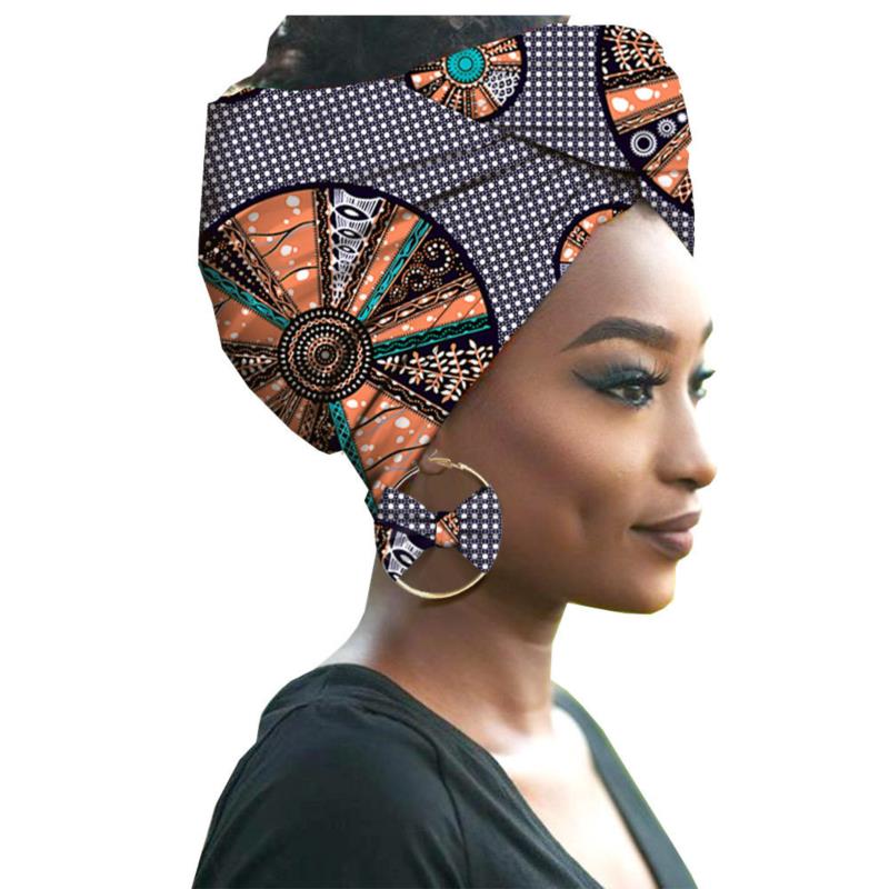 African Print Women Head Bandana Cotton With Matching earring Balaclava Headscarf Bandana Mujer Headband Set Hair Accessories