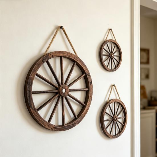 Wooden Wagon Wheel Wall Decor Retro Wheel Wall Art Vintage Farmhouse Old Western Hanging Ornaments for Home Office Cabin Western Themed Decor