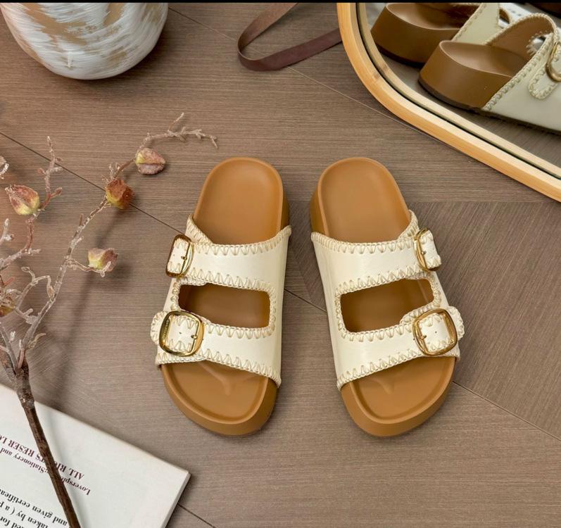 

2025 summer fashion Korean version of simple design sense outside wear thick bottom metal buckle leather surface Internet celebrity Birkencool slipp 40