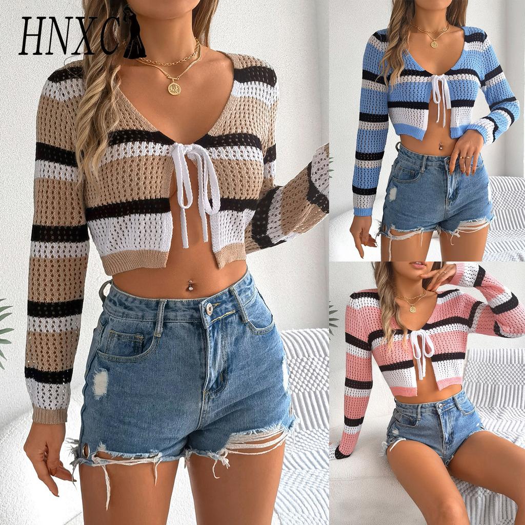HNXC Summer Hollowed-out Contrasting Color Striped Tie Long-sleeved Crop Top Knitted Cardigan Sun Protection Shirt for Women