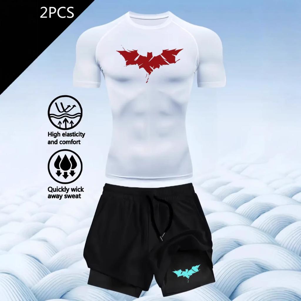 2D printed T-shirt men's summer two-piece sportswear running T-shirt elastic quick-drying sports top sports fitness shirt men's